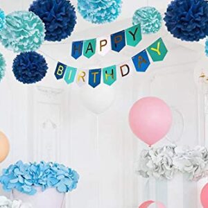 Brcohco Happy Birthday Banner Bunting with Shiny Gold Letters Party Supplies (Blue White)