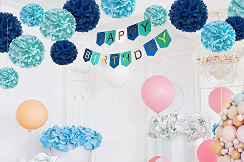 Brcohco Happy Birthday Banner Bunting with Shiny Gold Letters Party Supplies (Blue White)