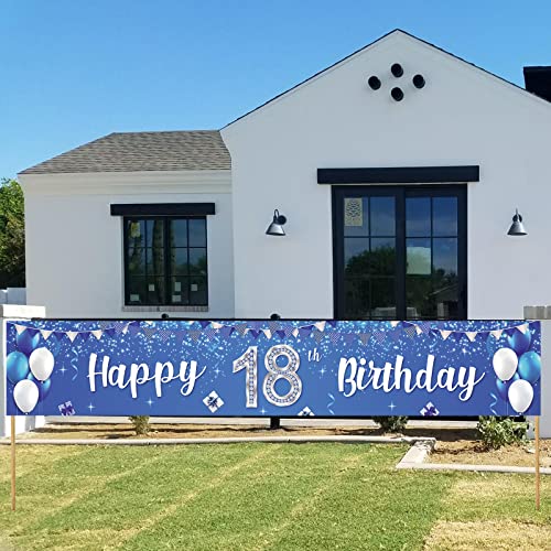 Happy 18th Birthday Banner Balloons Gift Crystal Glittery Stars Confetti Theme Decor Decorations for Men Women 18th Birthday Party Cheers to 18th Years Party Bday Supplies Silver and Blue Backdrop