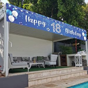 Happy 18th Birthday Banner Balloons Gift Crystal Glittery Stars Confetti Theme Decor Decorations for Men Women 18th Birthday Party Cheers to 18th Years Party Bday Supplies Silver and Blue Backdrop