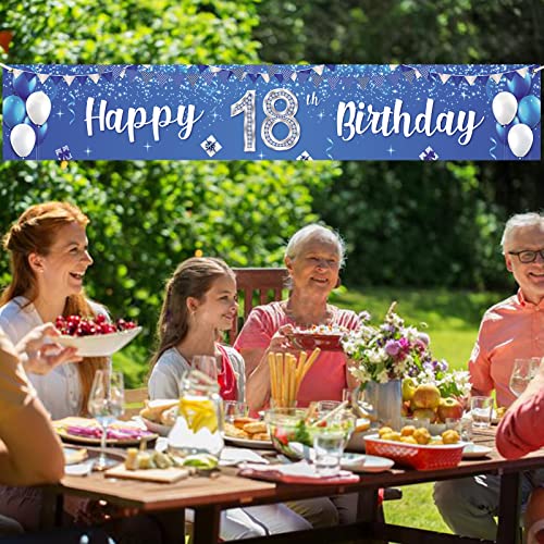 Happy 18th Birthday Banner Balloons Gift Crystal Glittery Stars Confetti Theme Decor Decorations for Men Women 18th Birthday Party Cheers to 18th Years Party Bday Supplies Silver and Blue Backdrop