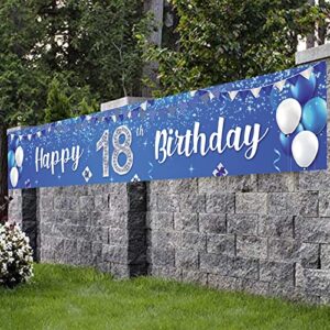 Happy 18th Birthday Banner Balloons Gift Crystal Glittery Stars Confetti Theme Decor Decorations for Men Women 18th Birthday Party Cheers to 18th Years Party Bday Supplies Silver and Blue Backdrop