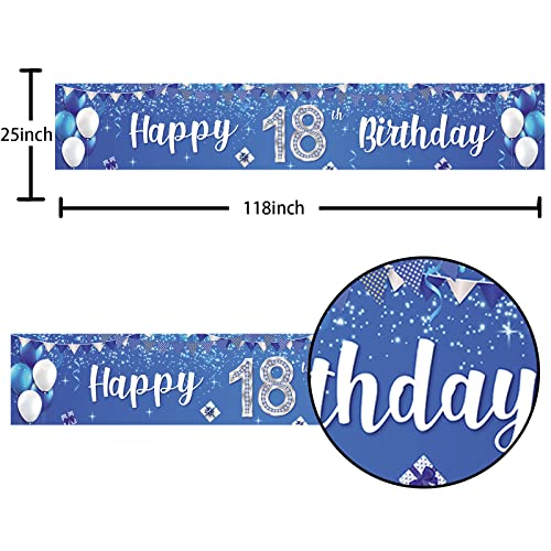 Happy 18th Birthday Banner Balloons Gift Crystal Glittery Stars Confetti Theme Decor Decorations for Men Women 18th Birthday Party Cheers to 18th Years Party Bday Supplies Silver and Blue Backdrop