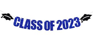 class of 2023 banner, 2023 graduation theme party decorations supplies, congrats grad high school / college graduate bunting sign, black and blue glitter