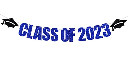 Class of 2023 Banner, 2023 Graduation Theme Party Decorations Supplies, Congrats Grad High School / College Graduate Bunting Sign, Black and Blue Glitter