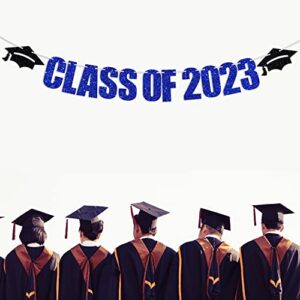 Class of 2023 Banner, 2023 Graduation Theme Party Decorations Supplies, Congrats Grad High School / College Graduate Bunting Sign, Black and Blue Glitter