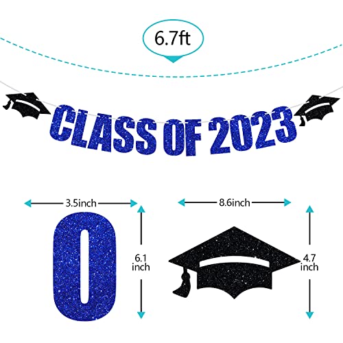 Class of 2023 Banner, 2023 Graduation Theme Party Decorations Supplies, Congrats Grad High School / College Graduate Bunting Sign, Black and Blue Glitter