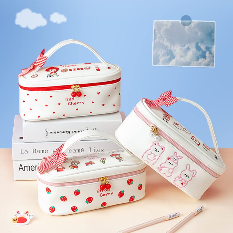 Cute Strawberry Printed Large Capacity Pencil Case Japanese Corduroy Pen Holder Kawaii Stationery Pouch Makeup Cosmetics Bag for Back to Scool Students (Heart)