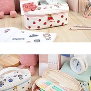 Cute Strawberry Printed Large Capacity Pencil Case Japanese Corduroy Pen Holder Kawaii Stationery Pouch Makeup Cosmetics Bag for Back to Scool Students (Heart)