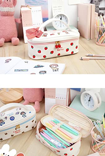 Cute Strawberry Printed Large Capacity Pencil Case Japanese Corduroy Pen Holder Kawaii Stationery Pouch Makeup Cosmetics Bag for Back to Scool Students (Heart)