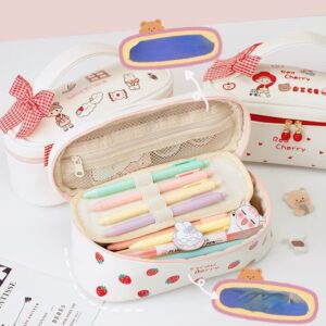 Cute Strawberry Printed Large Capacity Pencil Case Japanese Corduroy Pen Holder Kawaii Stationery Pouch Makeup Cosmetics Bag for Back to Scool Students (Heart)