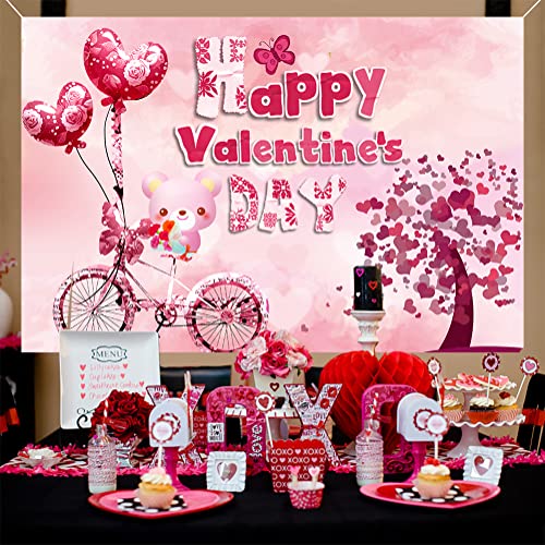 Valentines Day Party Banner Decorations - Pink Happy Valentine's Day Photo Props Backdrops Decor, 6x4ft Large Backgrounds for Love Wall Outdoor Garden Decor, Washable Tablecloth for Party Supplies