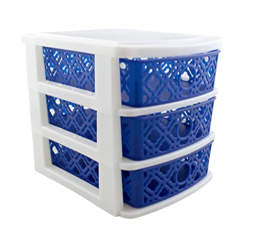 Dependable Industries Inc. Essentials 3 Drawer Basket Weave Mini Plastic Organizer Makeup HBA Cosmetics Arts & Crafts Desktop Stationary (Blue)