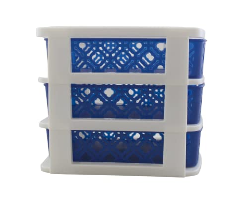 Dependable Industries Inc. Essentials 3 Drawer Basket Weave Mini Plastic Organizer Makeup HBA Cosmetics Arts & Crafts Desktop Stationary (Blue)