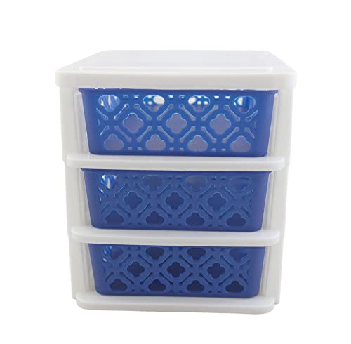 Dependable Industries Inc. Essentials 3 Drawer Basket Weave Mini Plastic Organizer Makeup HBA Cosmetics Arts & Crafts Desktop Stationary (Blue)