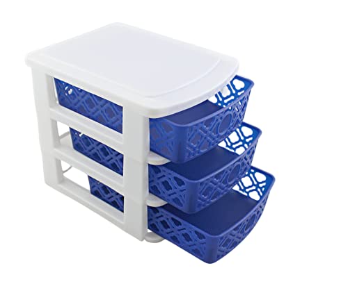 Dependable Industries Inc. Essentials 3 Drawer Basket Weave Mini Plastic Organizer Makeup HBA Cosmetics Arts & Crafts Desktop Stationary (Blue)