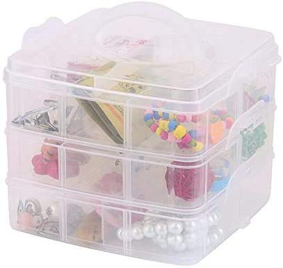 RainbowBaby 3-Tier Stackable Storage Box Organizer, 18 Adjustable Compartments, Small Plastic Craft Case Container Bins for Sewing Accessories, Jewelry Beads Arts and Crafts Beauty Supplies (White)