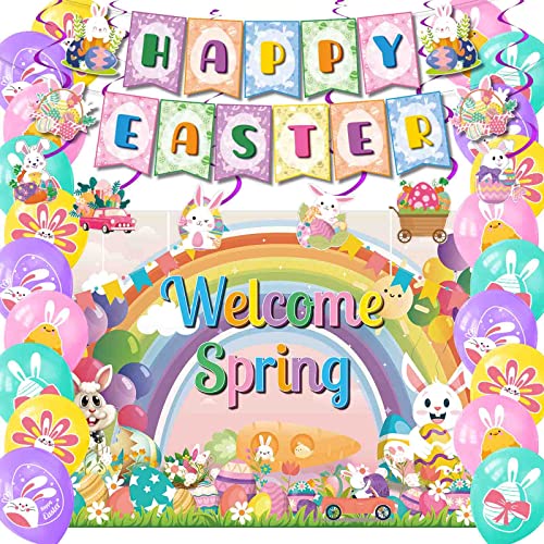 IRCOR Easter Decorations Easter Party Decorations with Banner Balloons Backdrop & Hanging Swirls