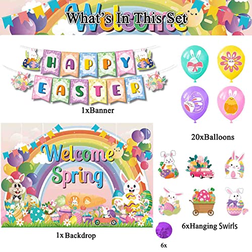 IRCOR Easter Decorations Easter Party Decorations with Banner Balloons Backdrop & Hanging Swirls