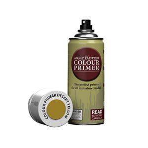 the army painter color primer spray paint, desert yellow, 400ml, 13.5oz – acrylic spray undercoat for miniature painting – spray primer for plastic miniatures
