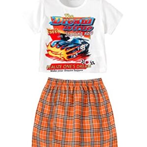 SOLY HUX Toddler Girl's 2 Piece Outfits Letter Car Graphic Print Short Sleeve Tee and Plaid Skirt Set Multicoloured 90