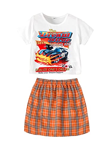 SOLY HUX Toddler Girl's 2 Piece Outfits Letter Car Graphic Print Short Sleeve Tee and Plaid Skirt Set Multicoloured 90