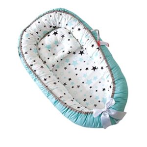 Vohunt Baby Lounger for Newborn,100% Cotton Co-Sleeper for Baby in Bed with Handles,Soft Newborn Lounger Adjustable Size & Strong Zipper Lengthen Space to 3 Tears Old(Blue-Edged Blue Star)