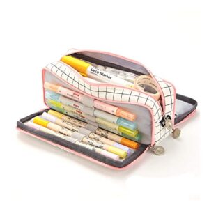 oyachic cute plaid pencil case large striped makeup pouch cosmetic organizer bags 3 layer zipper pen holder for women school