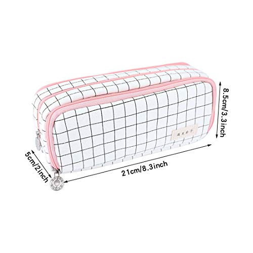 Oyachic Cute Plaid Pencil Case Large Striped Makeup Pouch Cosmetic Organizer Bags 3 Layer Zipper Pen Holder for Women School