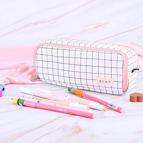 Oyachic Cute Plaid Pencil Case Large Striped Makeup Pouch Cosmetic Organizer Bags 3 Layer Zipper Pen Holder for Women School