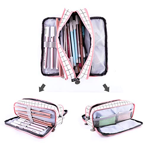 Oyachic Cute Plaid Pencil Case Large Striped Makeup Pouch Cosmetic Organizer Bags 3 Layer Zipper Pen Holder for Women School