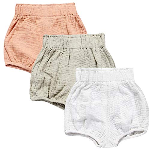 LOOLY Unisex Baby Girls Boys 3 Pack Cotton Linen Blend Bloomer Shorts (66 (3-6Month), Pink, Color, White)