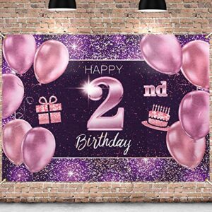 PAKBOOM Happy 2nd Birthday Banner Backdrop - 2 Birthday Party Decoration Supplies for Girls - Pink Purple Gold 4 x 6ft