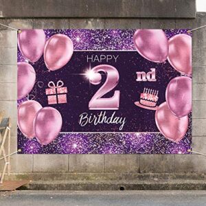 PAKBOOM Happy 2nd Birthday Banner Backdrop - 2 Birthday Party Decoration Supplies for Girls - Pink Purple Gold 4 x 6ft