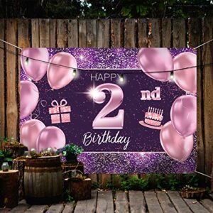 PAKBOOM Happy 2nd Birthday Banner Backdrop - 2 Birthday Party Decoration Supplies for Girls - Pink Purple Gold 4 x 6ft