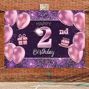 PAKBOOM Happy 2nd Birthday Banner Backdrop - 2 Birthday Party Decoration Supplies for Girls - Pink Purple Gold 4 x 6ft