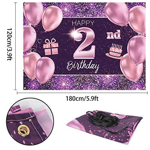 PAKBOOM Happy 2nd Birthday Banner Backdrop - 2 Birthday Party Decoration Supplies for Girls - Pink Purple Gold 4 x 6ft