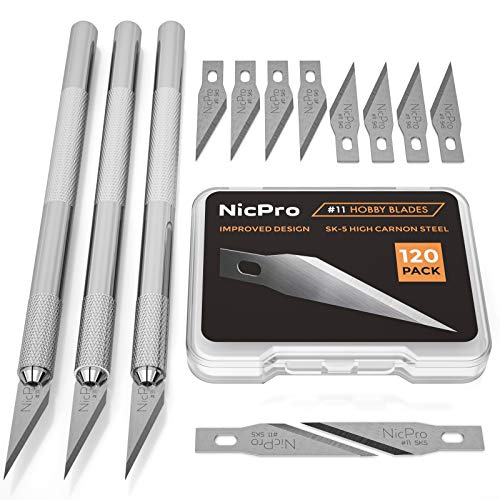 Nicpro 123 PCS Hobby Knife Set, 3 PCS Carving Craft Knife with 120 PCS SK-5 Utility #11 Art Blades Refill, Precision Cutter Craft Kit for Leather Art, Scrapbooking, Foam, Clay, Carving, Scalpel