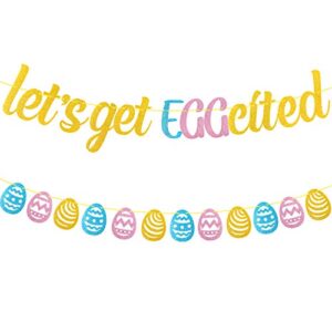 mallmall6 2pcs let’s get eggcited banners for easter party decorations pre-strung glittery sign with 3 colors easter egg garland hanging kit spring holiday supplies for fireplace outdoor home