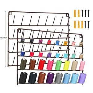 mooace 32 spools thread rack wall-mounted 2 pack, spool holder with hanging hooks, metal serger thread storage for sewing craft room, embroidery thread,