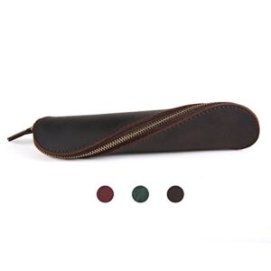 genuine leather pencil pouch pen holder cosmetic bag lipstick organizer travel makeup case full grain leather l7.9” x w2” (brown)
