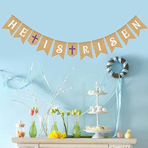 BESTOYARD HE is Risen Easter Decorations Easter Banner Cross Burlap Banners Garland for Easter Decorations Party Favors Photo Props