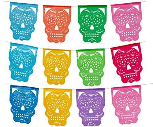 Paper Full of Wishes Day of The Dead Plastic Papel Picado 2pk Cabezita Calavera I 12 Plastic Panels per Banner I Each Banner over 12ft Hanging