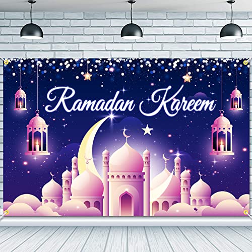 JKQ Ramadan Kareem Backdrop Banner 71 x 43 Inch Muslim Ramadan Background Banner Lantern Moon Castle Islamic Eid Mubarak Festival Party Decorations Ramadan Mubarak Indoor Outdoor Photo Booth Props