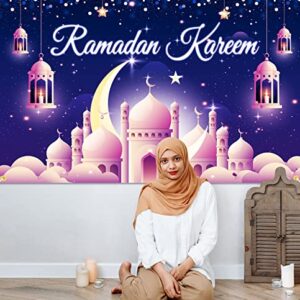 JKQ Ramadan Kareem Backdrop Banner 71 x 43 Inch Muslim Ramadan Background Banner Lantern Moon Castle Islamic Eid Mubarak Festival Party Decorations Ramadan Mubarak Indoor Outdoor Photo Booth Props