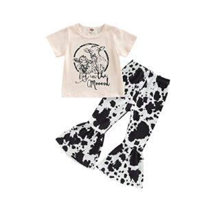 western baby girl clothes letters print short sleeve t-shirt tops cow print flared pants set bell bottom outfit (beige, 2-3 years)