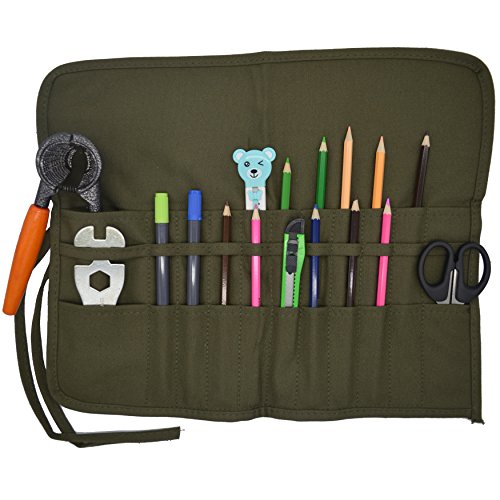 Omonic 22 Slots Roll-up Canvas Pencil Bag for Artist Watercolor Oil Paint Brush Organize, Tools, Pen, Pencil Caligraphy Brush Holder 18"X14" - Green