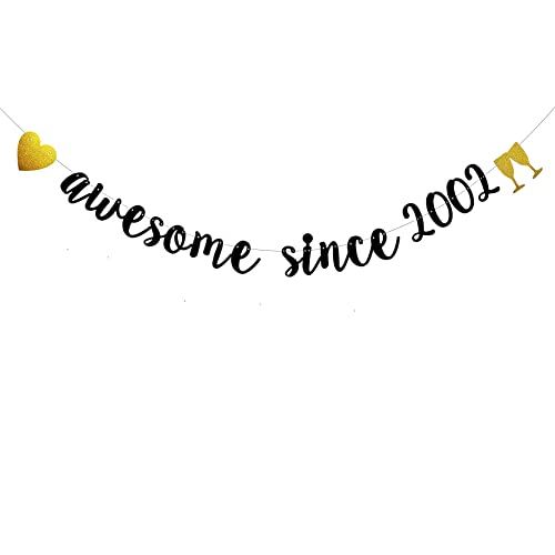 Awesome Since 2002 Banner, Pre-Strung,Black Glitter Paper Garlands for Girls women 21st Birthday Party Decorations Supplies, No Assembly Required,Black,SUNbetterland