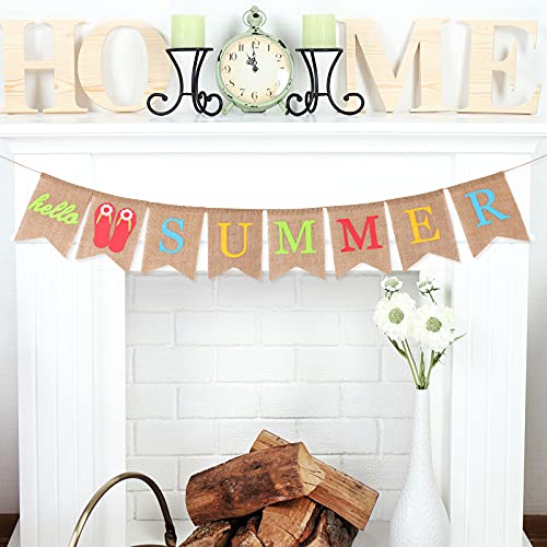 Tatuo Hello Summer Banner Burlap Rustic Garland Summer Decorations Home Party Hanging Decor for Door Mantel Fireplace Pool Beach Barbecue Hawaii Party Supplies