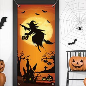 halloween witch door cover witch backdrop banner witch decorations halloween door decorations halloween wall decoration sign for front door window wall halloween party supplies, 72 x 30 inches